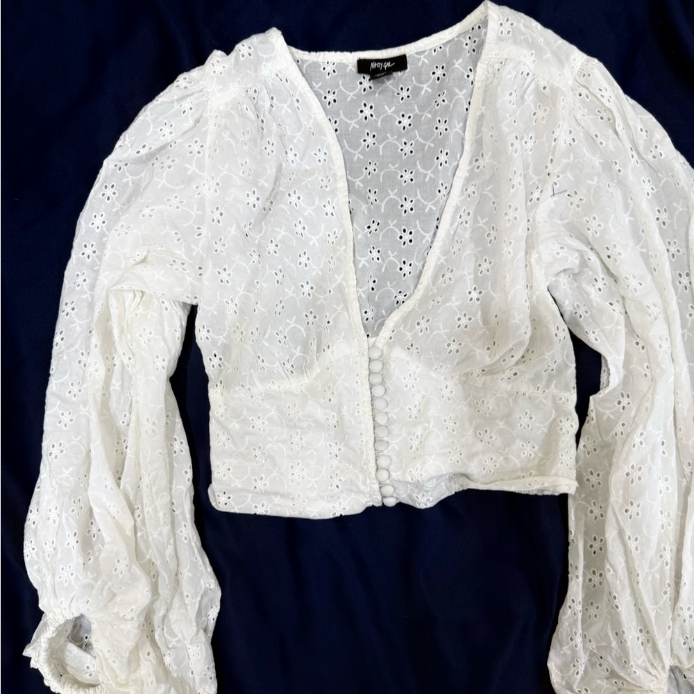 NASTYGal White Lace Eyelet Button-Up Crop Top